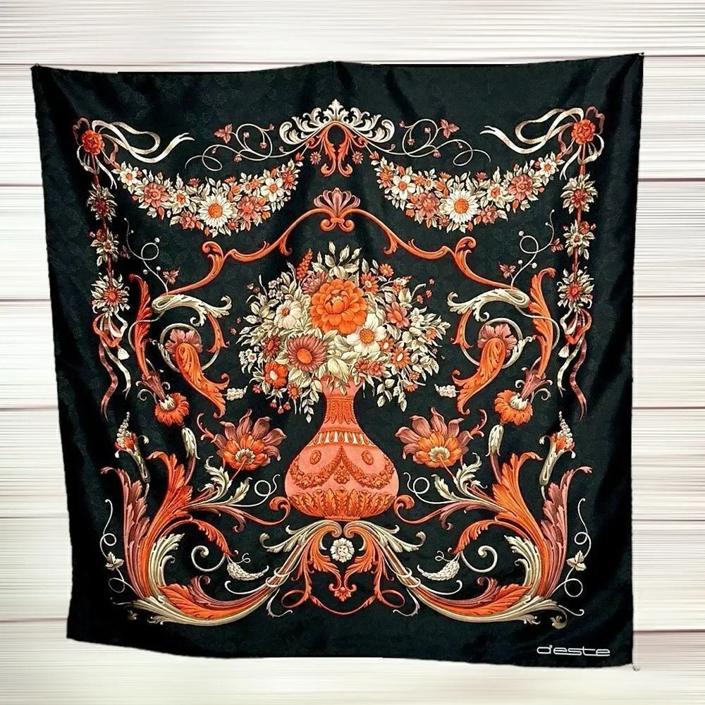 Marina D’Este Silk Scarf Black Burnt Orange Floral Hand Rolled